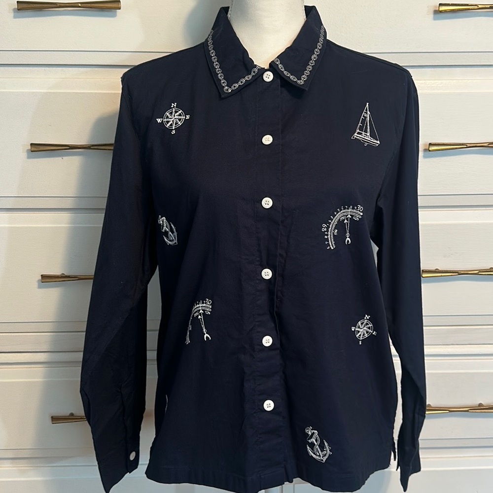 Bobbie Brooks Women’s Nautical Navy Blue Button Blouse - Size M